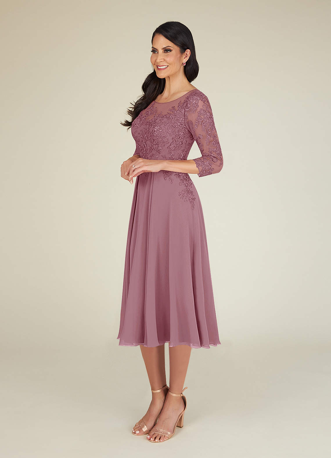 A-Line Lace Applique Chiffon Tea-Length Dress Orange