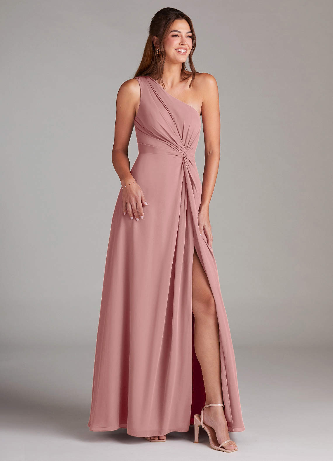 Azazie Brooke Bridesmaid Dresses Dusty Rose A-Line One Shoulder Chiffon Dress image3