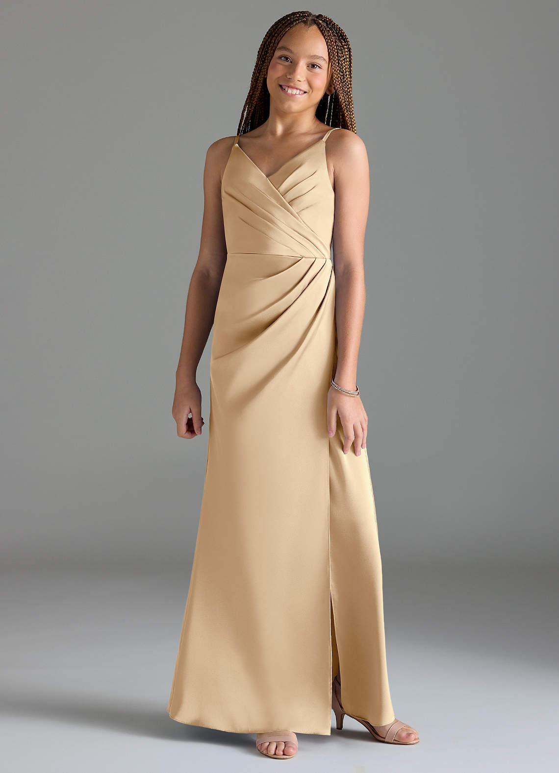 Azazie Maci Junior Champagne Mermaid Pleated Stretch Satin Dress image1
