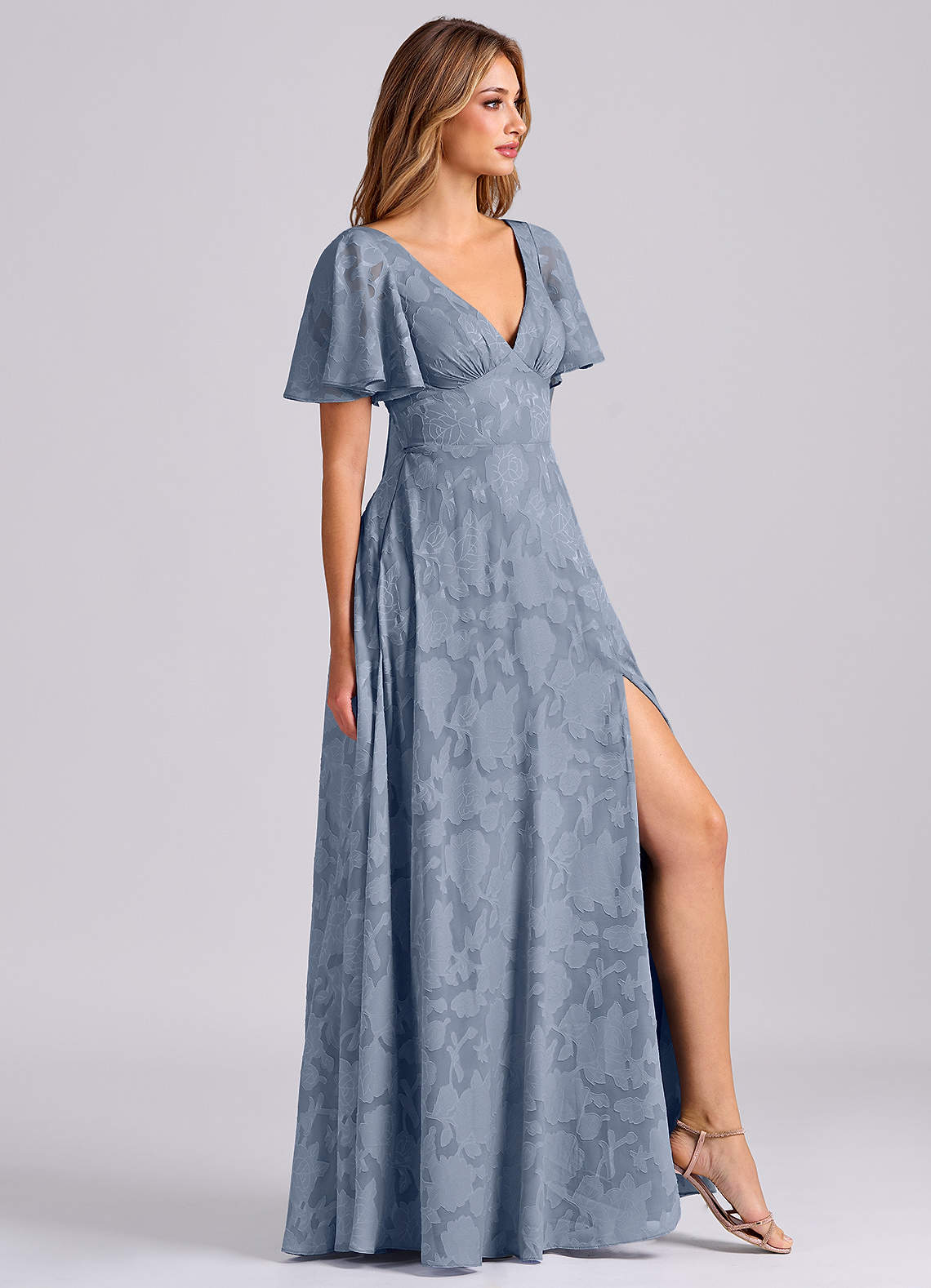 Azazie Kimber At-home Try On Dresses Dusty Blue A-Line with Pockets Floral Burnout Dress image3