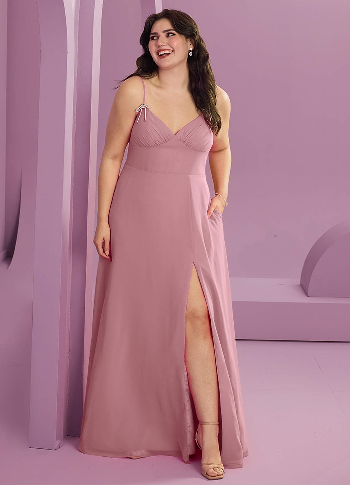 Barbie ♥ Azazie Bridesmaid Dresses Dusty Rose A-Line with Pockets Chiffon Dress image1