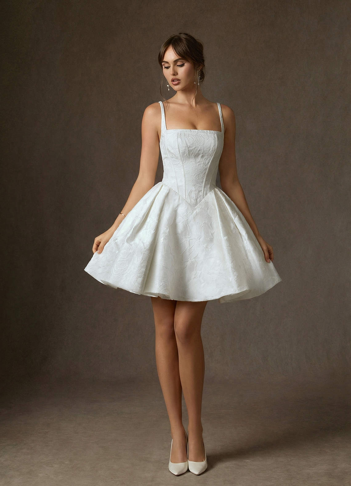 Azazie Daisley Wedding Dresses Diamond White A-Line with Pockets Floral Jacquard Dress image4