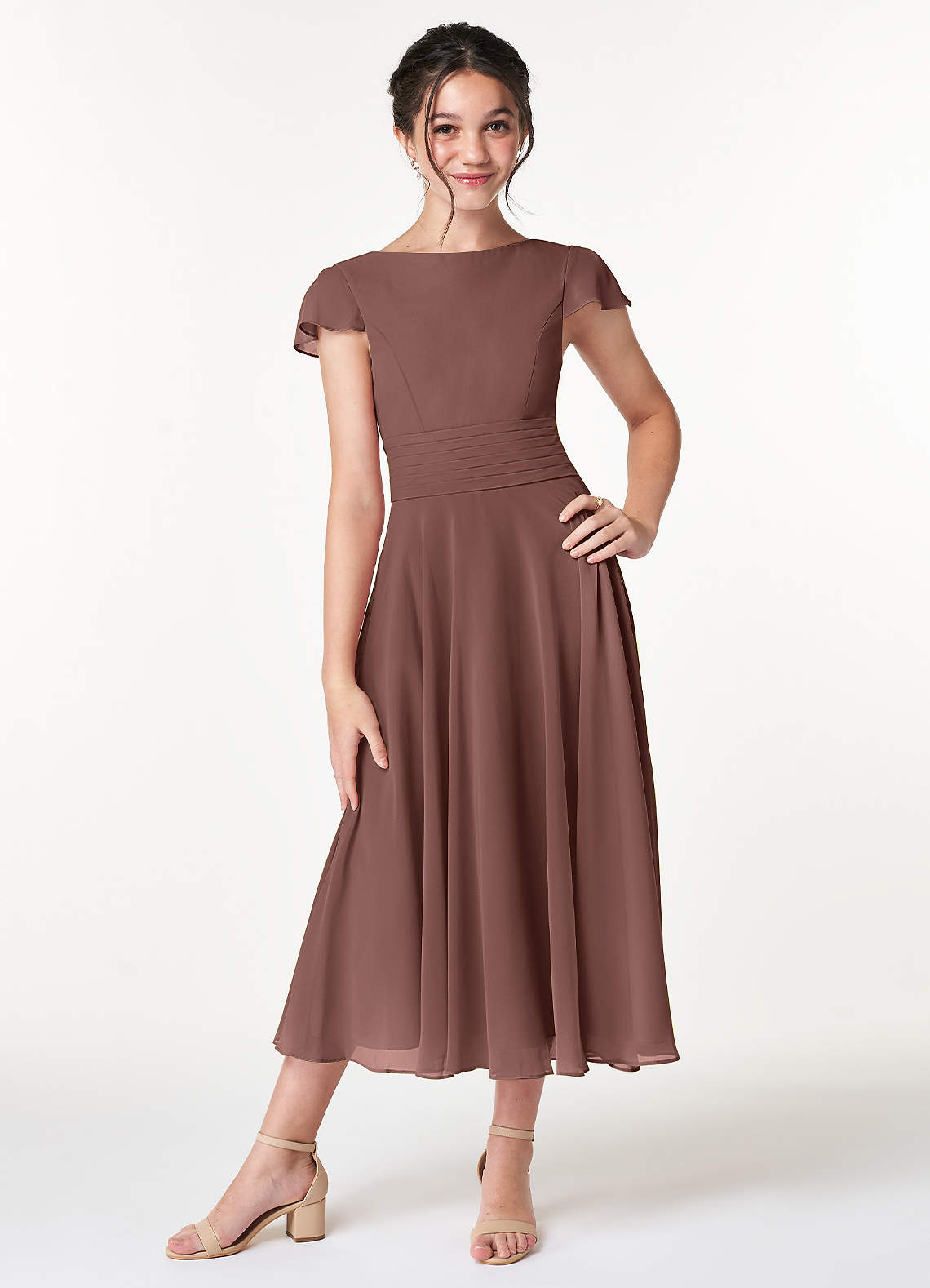 Azazie Payton Junior Abito A-Line in Chiffon Fiocco Espresso image1