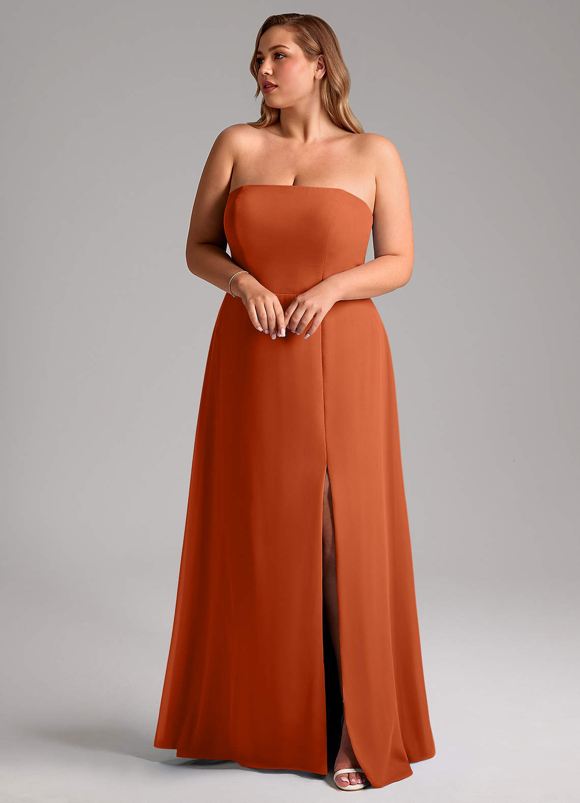 Azazie Wren Abiti da Damigella Abito Convertibile A-Line in Chiffon Spacco Laterale Arancia Bruciata image1