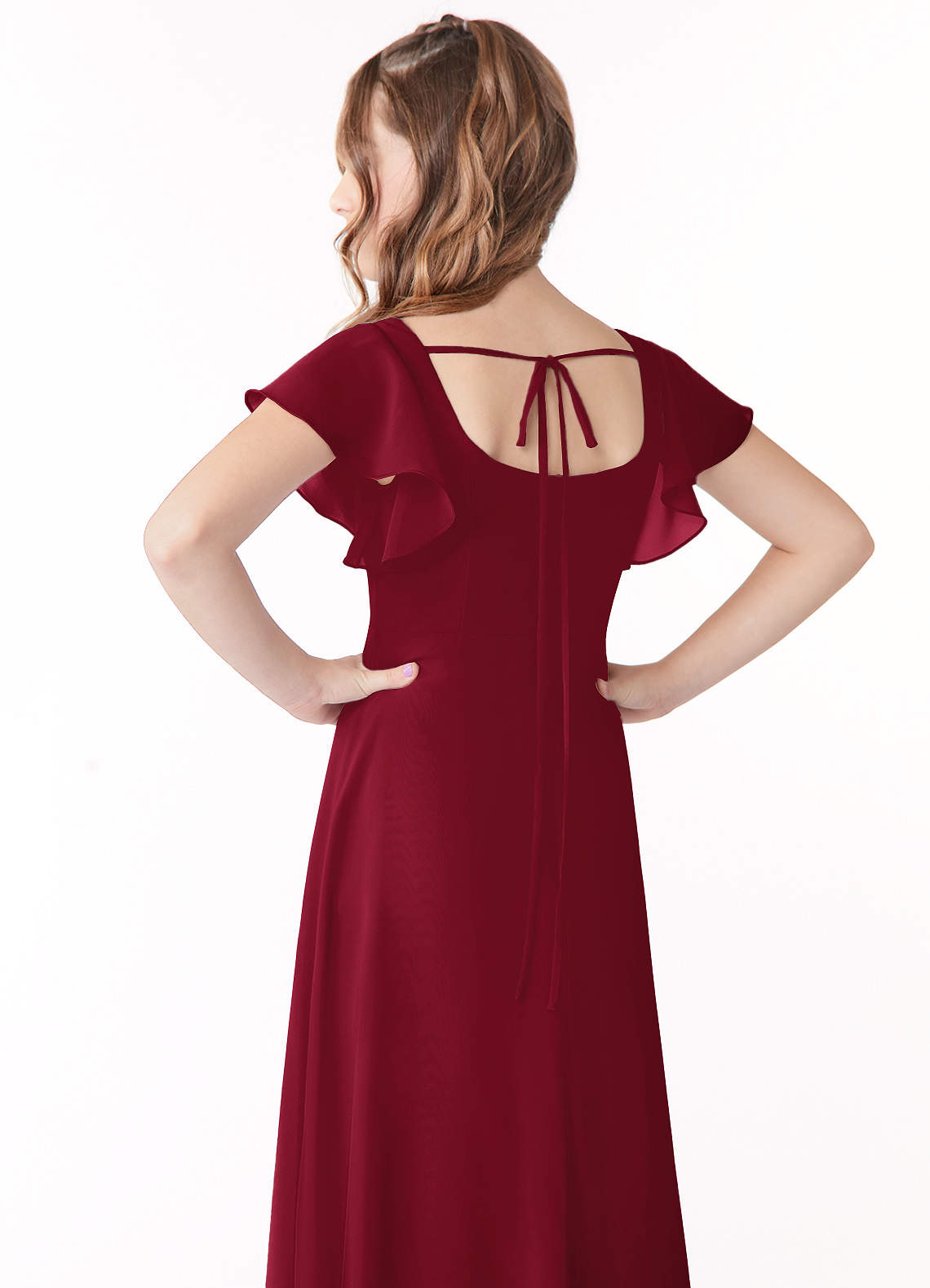 Azazie Bondi Junior Burgundy A-Line Bow Chiffon Dress image2