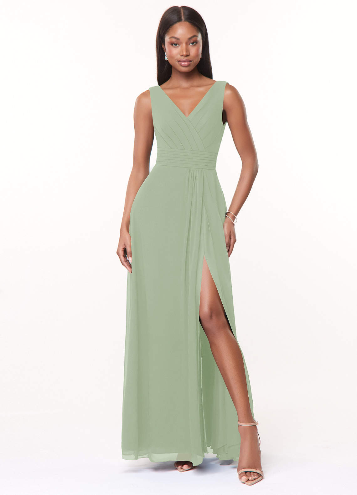 Azazie Karina Bridesmaid Dresses Dusty Sage A-Line Pleated Chiffon Dress image1