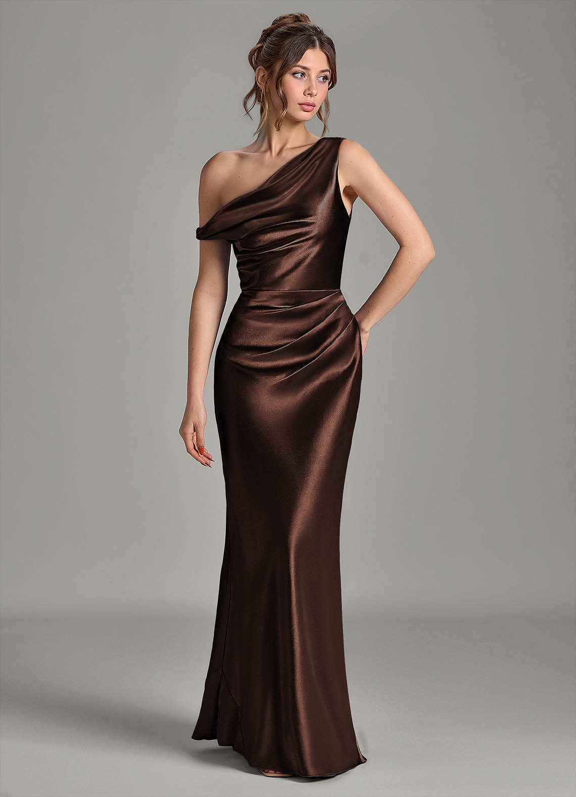 Azazie Emerson Bridesmaid Dresses Ganache Mermaid Off the Shoulder Metallic Satin Dress image3