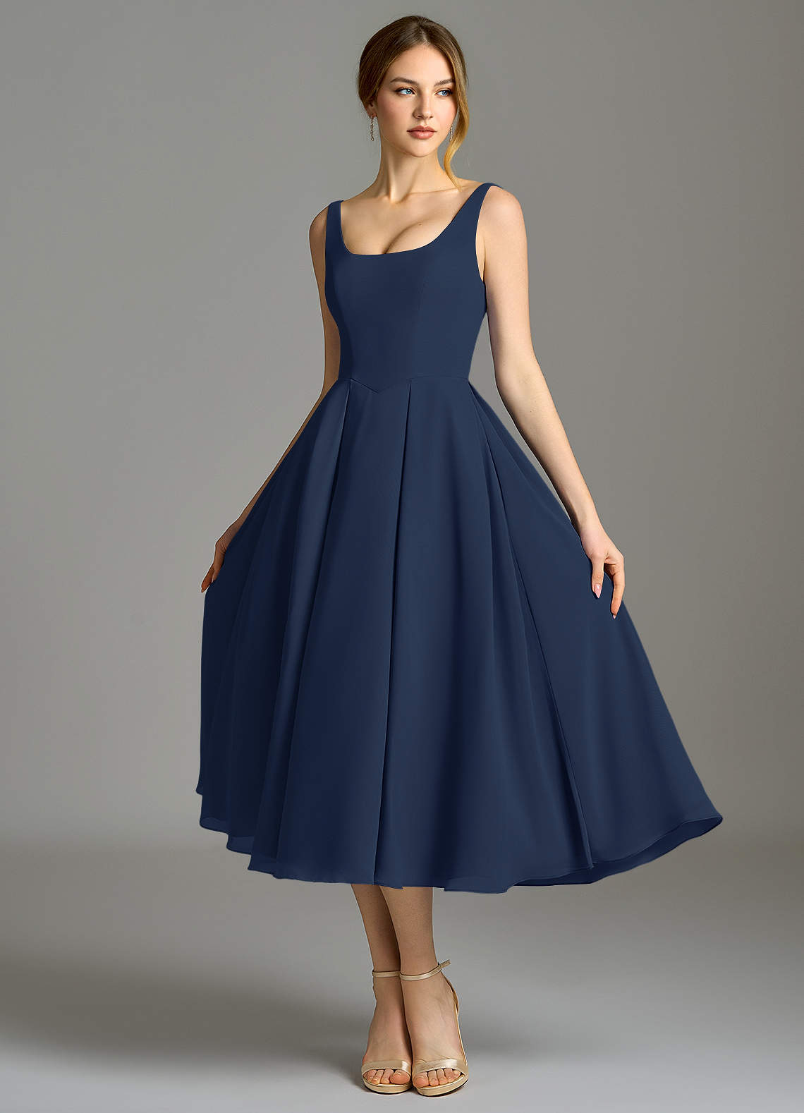 Azazie Amalie Klänningar att prova hemma Klä av A-Linje i Chiffong Plisserad Mörk Marinblå image5