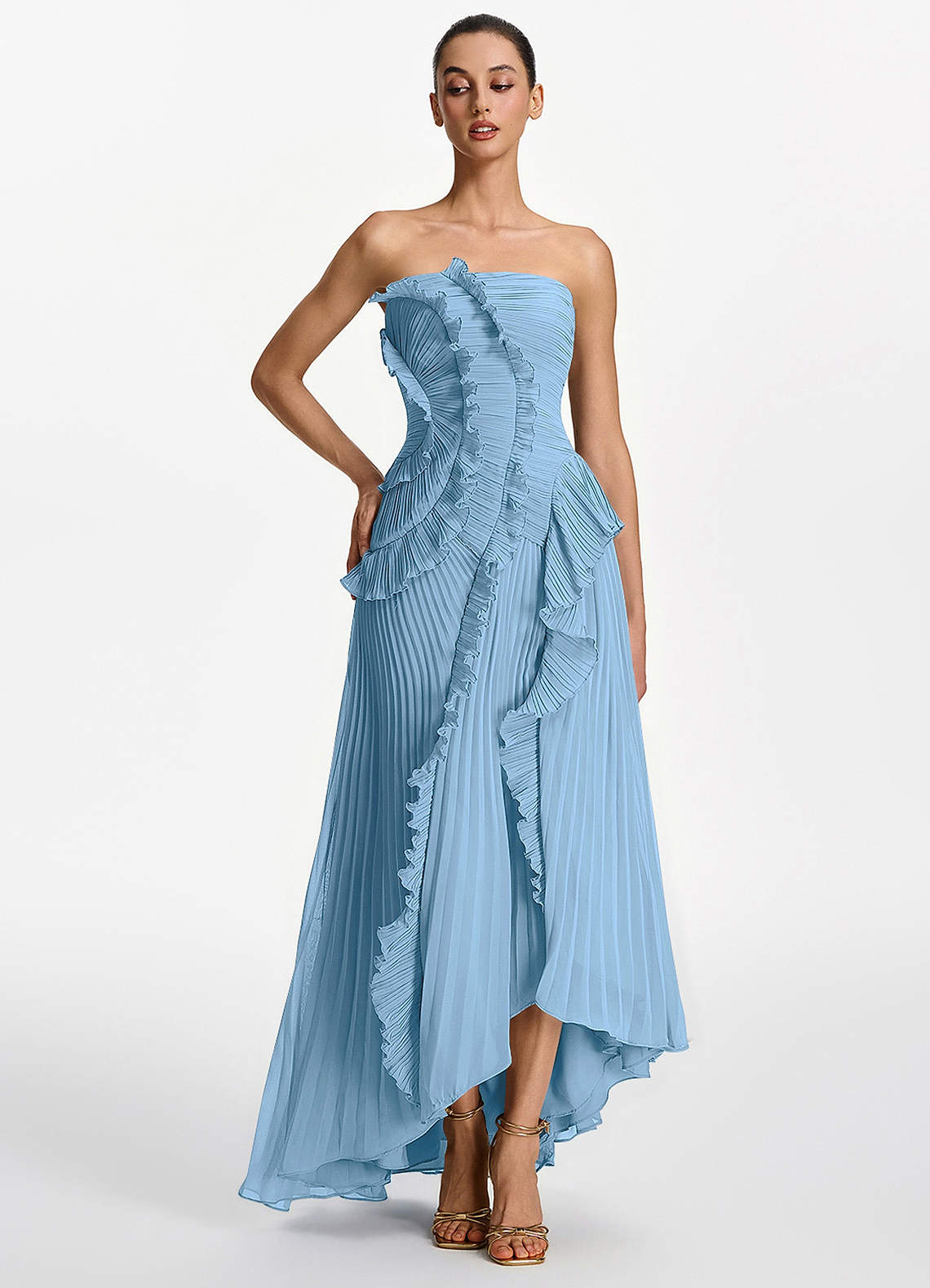 blue pleated strapless dress Azazie Steel A-Line Ankle-Length Quinceañera Damas Dresses Ruffles Corset Chiffon Straight Color:BLACK