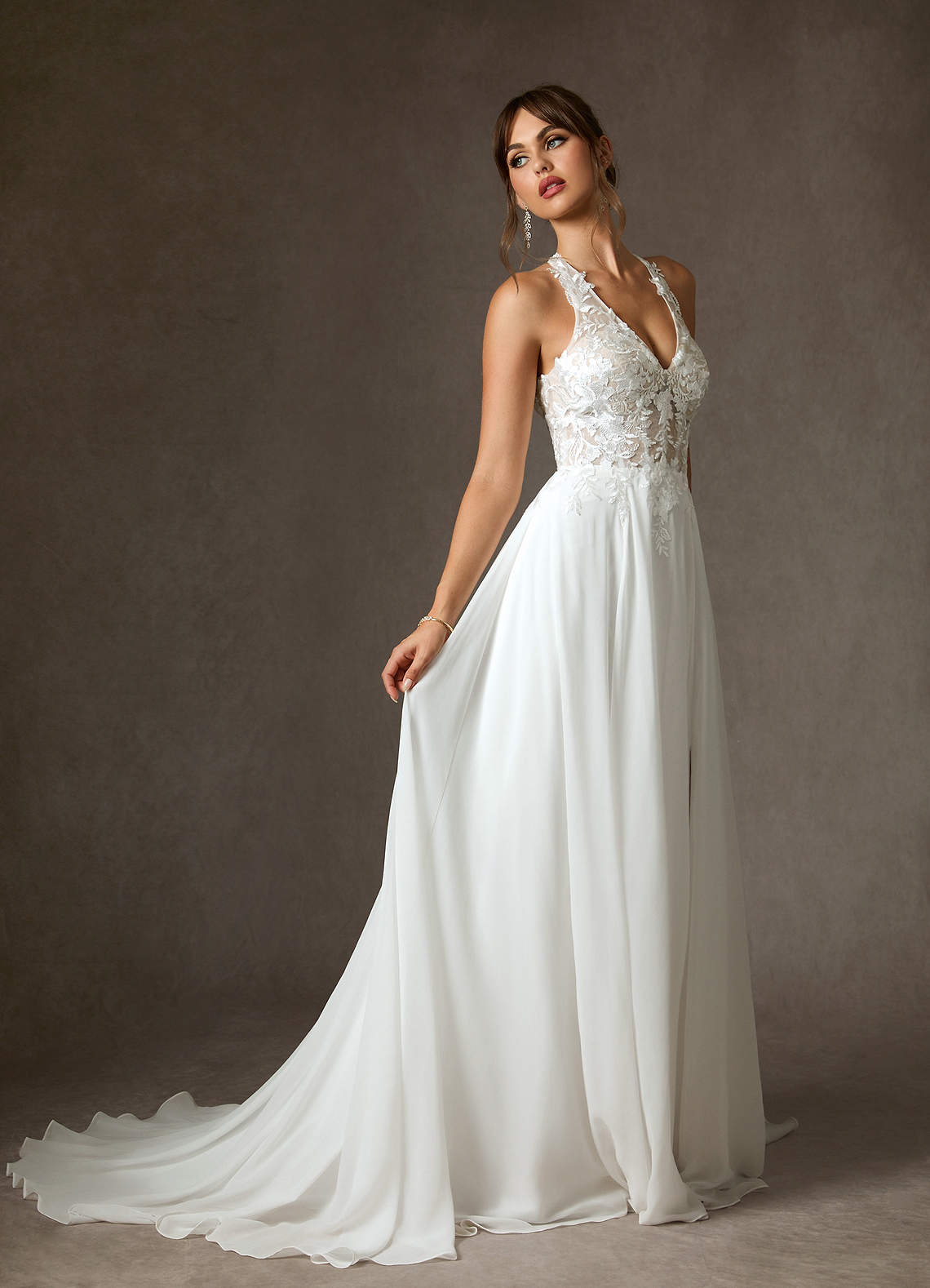 Azazie Sonja Wedding Dresses Diamond White Champagne A-Line Lace Dress image1