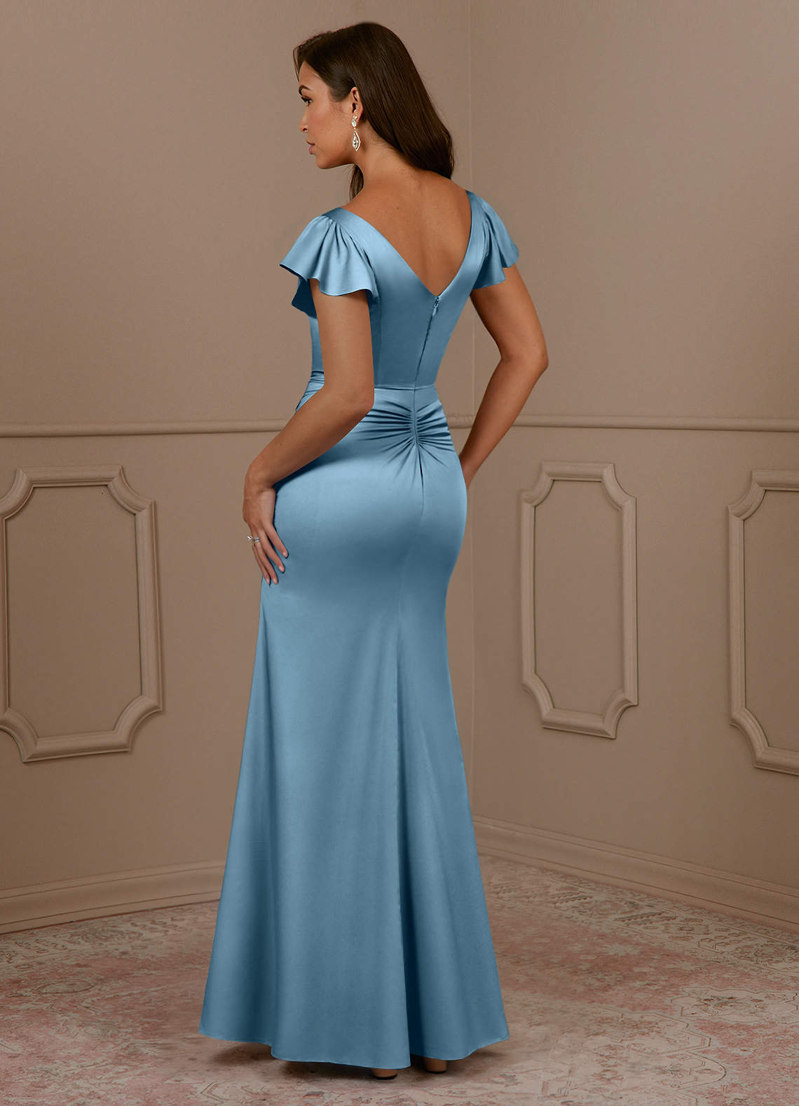 Azazie Roya Mother of the Bride Dresses Steel Blue Mermaid V-Neck Pleated Stretch Satin Dress image2