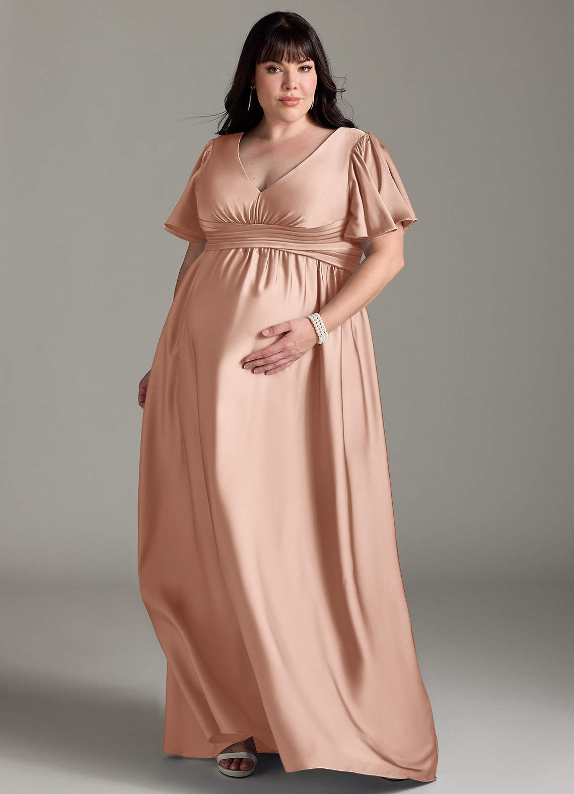 Azazie Verna Maternity Bridesmaid Dresses A-Line Ruched Stretch Satin Floor-Length Dress image1