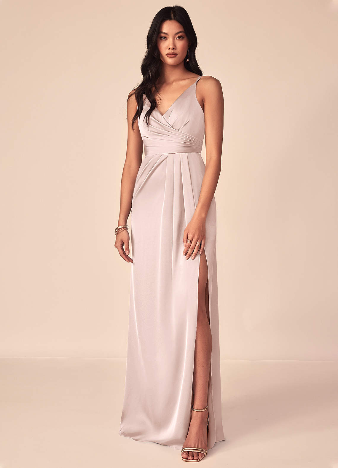 Azazie Aqua Bridesmaid Dresses Blushing Pink A-Line V-Neck Pleated Stretch Satin Dress image1