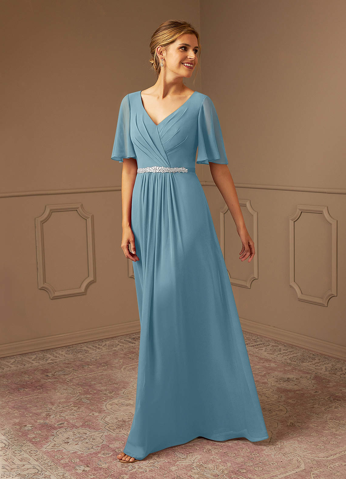 Azazie Tricia Kleider für die Brautmutter A-Linie V-Hals Gefaltet Chiffon Kleid Stimmungsvolles Blau image1