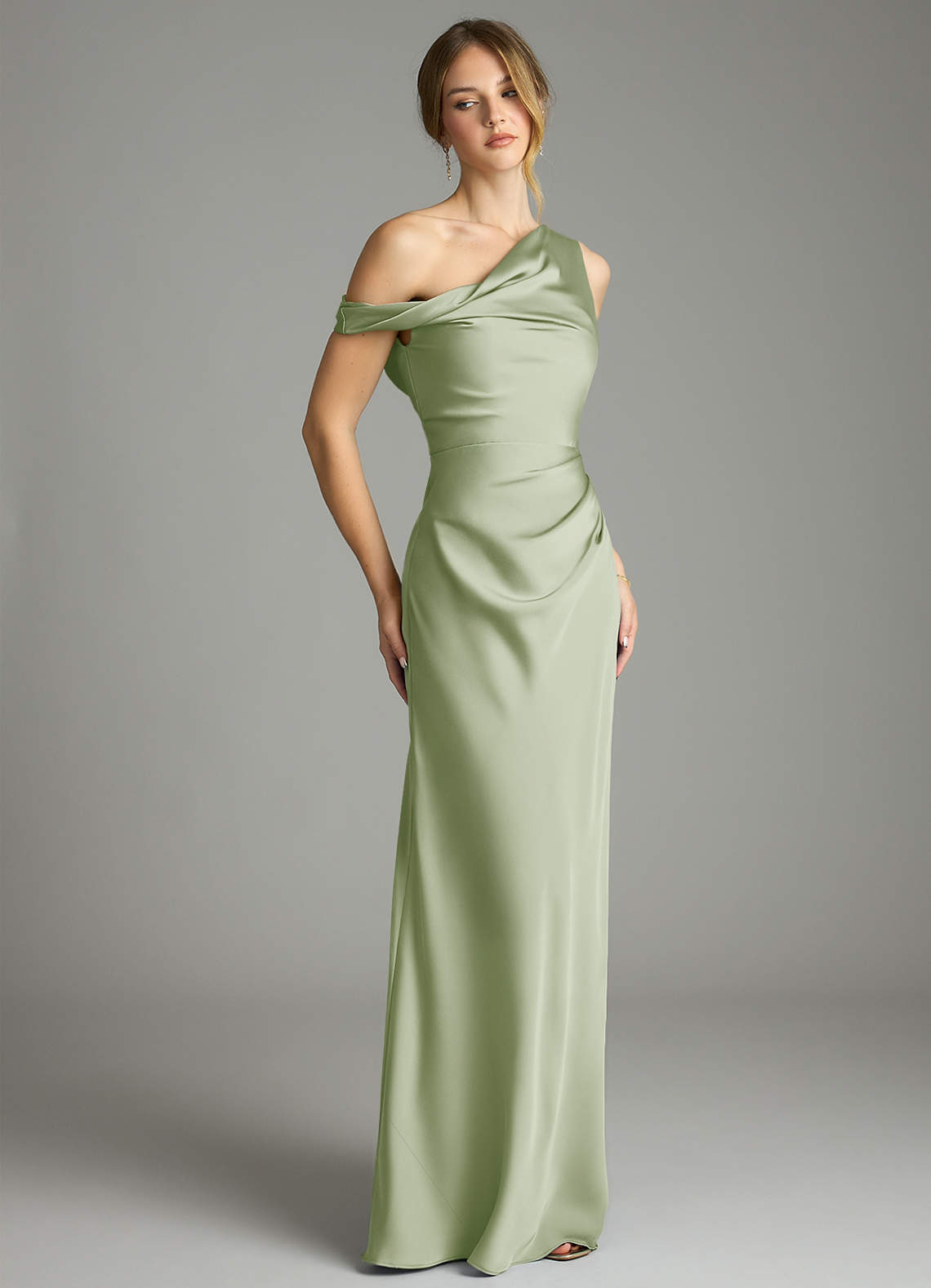 Azazie Emerson Bridesmaid Dresses Dusty Sage Mermaid Off the Shoulder Stretch Satin Dress image4