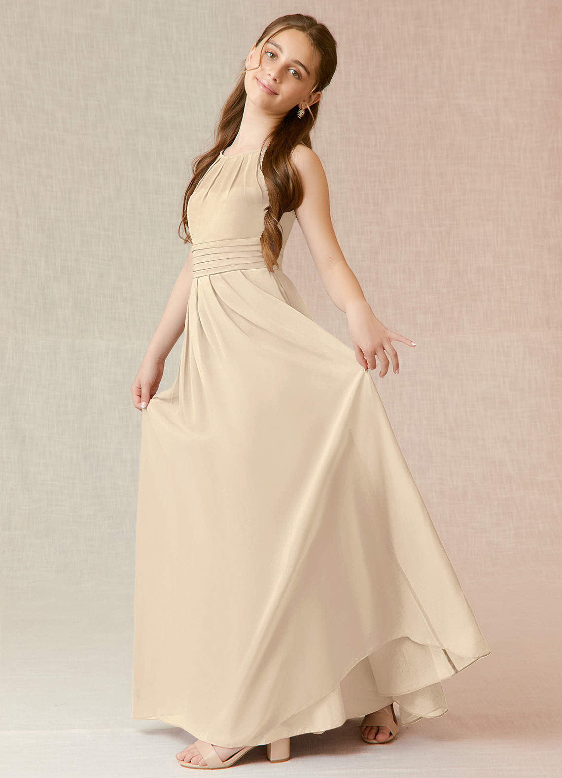 Azazie Bibiane Junior Champagne A-Line Pleated Chiffon Dress image2