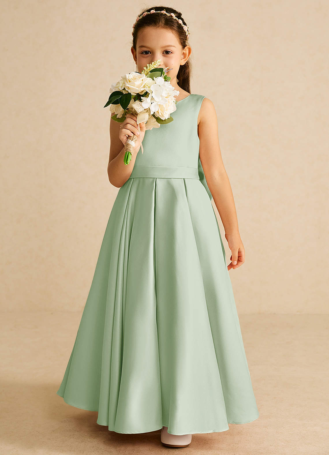 Azazie Pipsy Flower Girl Dresses Dusty Sage A-Line Bow Matte Satin Dress image4