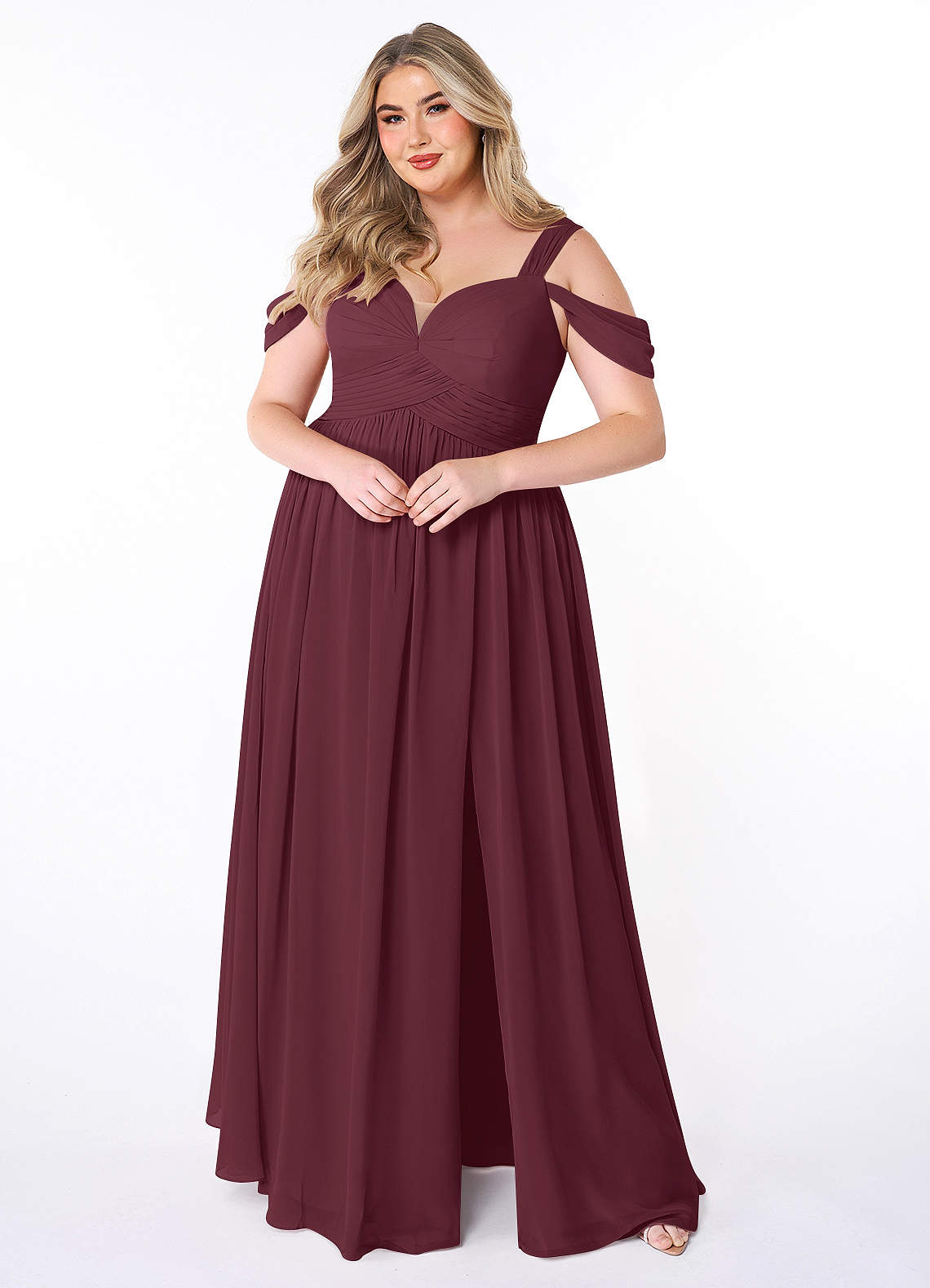Azazie Lianne Bridesmaid Dresses Cabernet A-Line Off the Shoulder Chiffon Dress image1