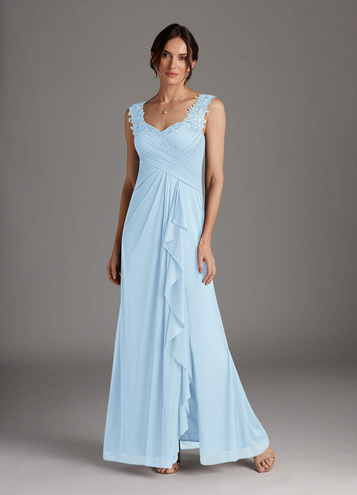 light blue dresses for 15 Zapaka Women Ink Blue Bridesmaid Dress A Line Keyhole V-Neck Satin Long Prom Dress, Royal Blue / US6 main image 1