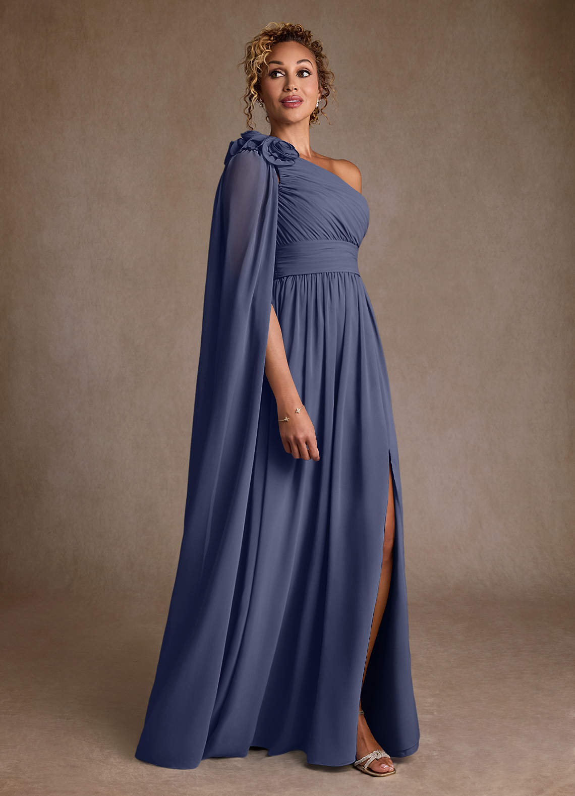 Azazie Lancaster Mère de la mariée Robes Robe Trapèze en Mousseline de soie Une épaule Bleu Orageux image2