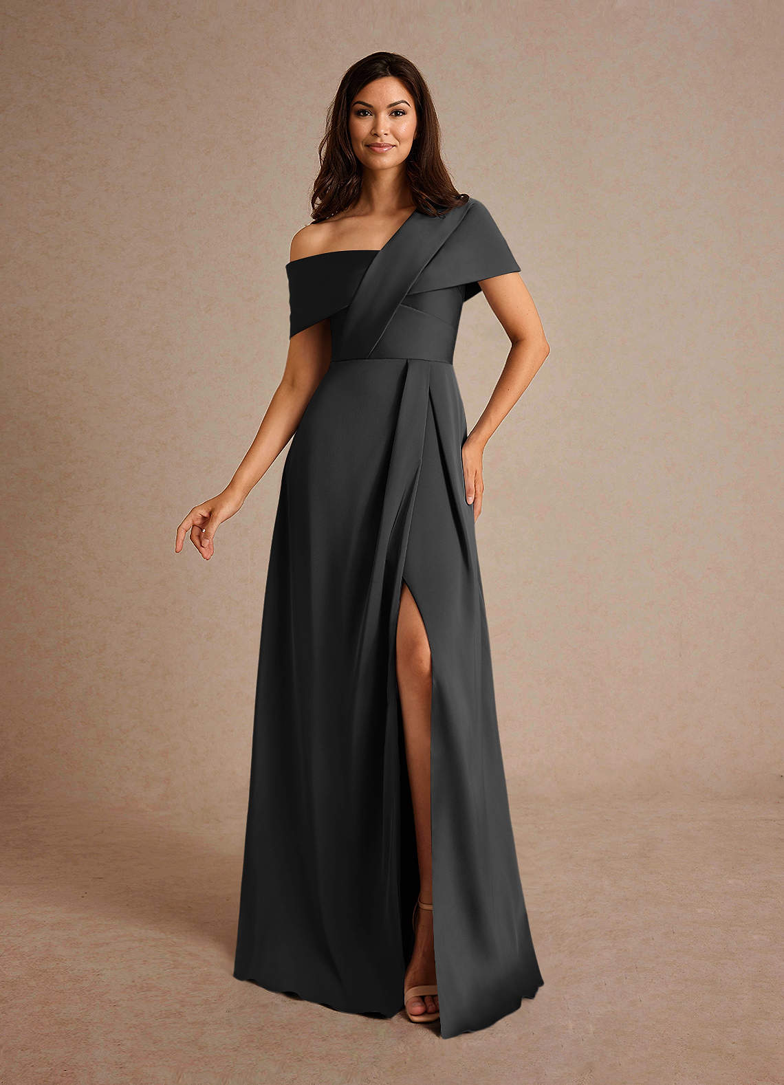 Azazie Milton Black A-Line Pleated Stretch Satin Dress | Azazie