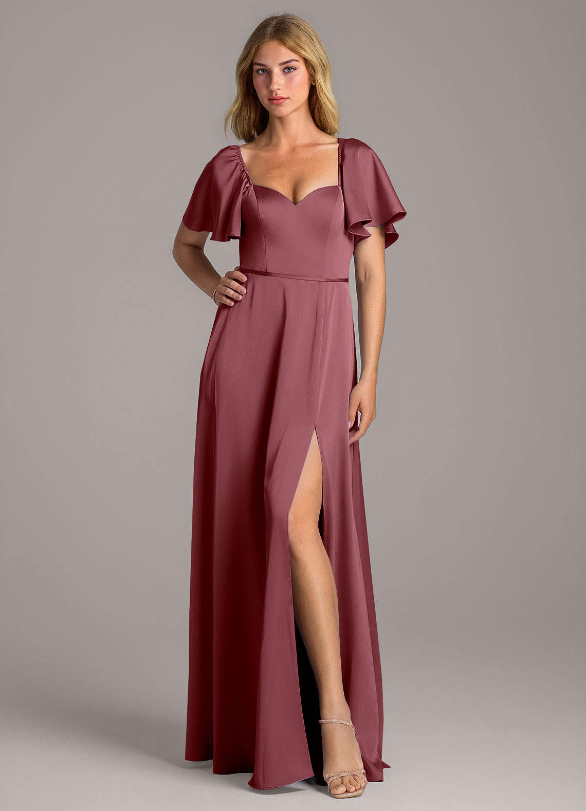 Azazie Chloe Vestidos de damas de honor Vestido de Rosa Del Desierto de Satén Elástico de Corte en A con Escote de Corazón image1