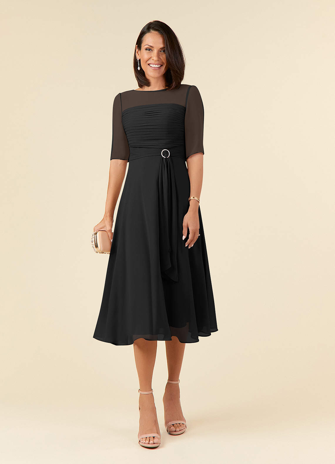 Azazie Naomi Black A-Line Boatneck Pleated Chiffon Dress | Azazie