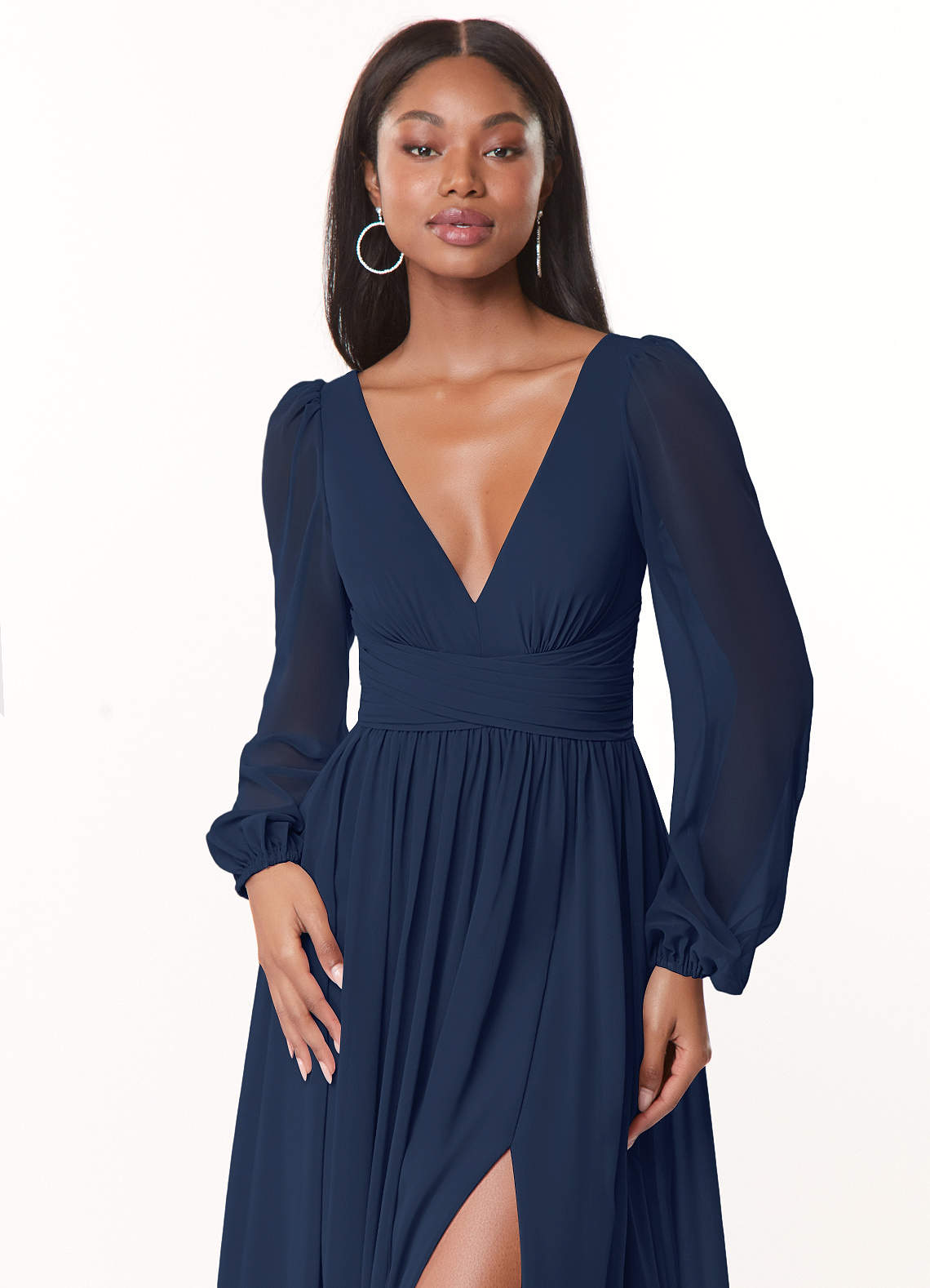 Azazie Norah Bridesmaid Dresses Dark Navy A-Line V-Neck Long Sleeve Chiffon Dress image4