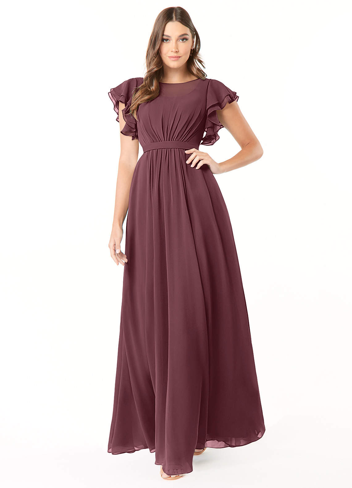 Azazie Daphne Modest Bridesmaid Dresses A-Line Ruffled Chiffon Floor-Length Dress image1