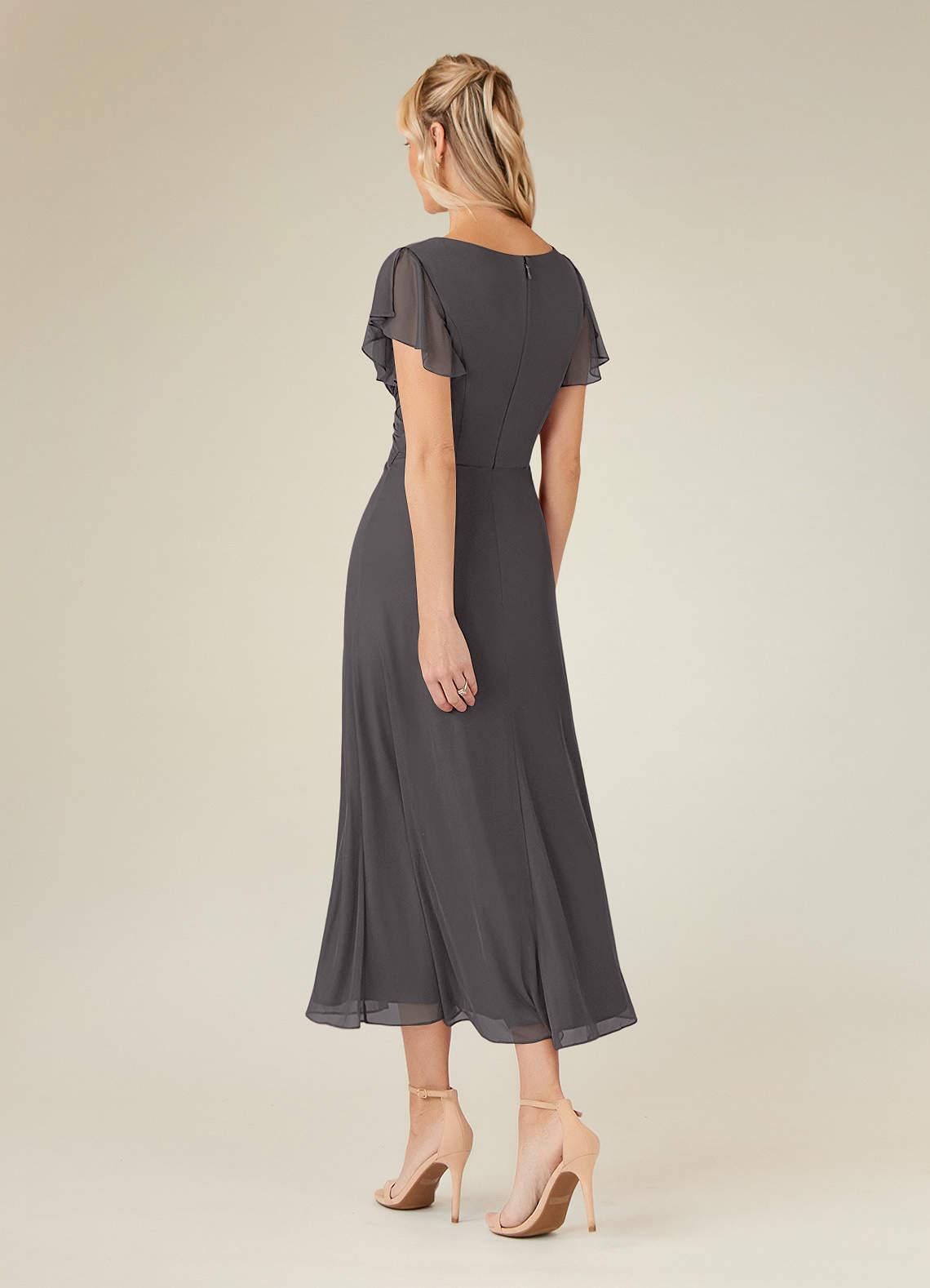 Azazie Vera Mother of the Bride Dresses Steel Grey A-Line V-Neck Pleated Mesh Dress image2