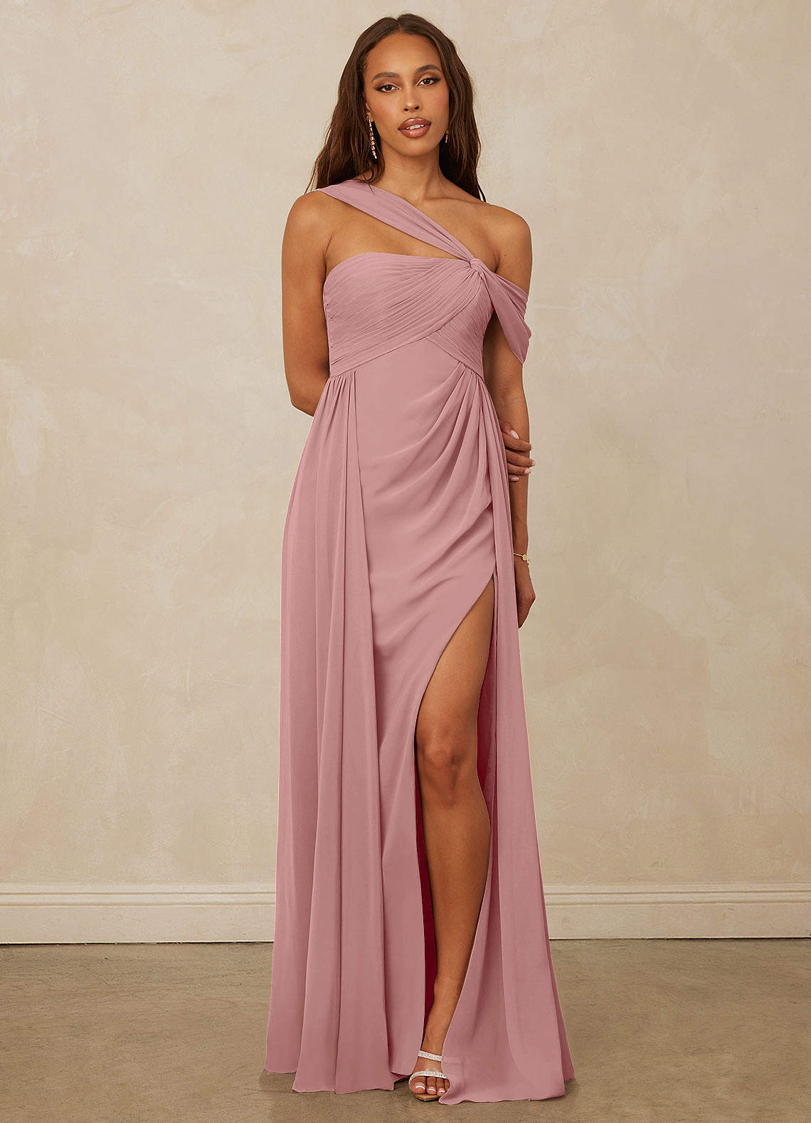Christian Siriano Bridal for Azazie 1014 Bridesmaid Dresses Dusty Rose A-Line Off the Shoulder Chiffon Dress image1