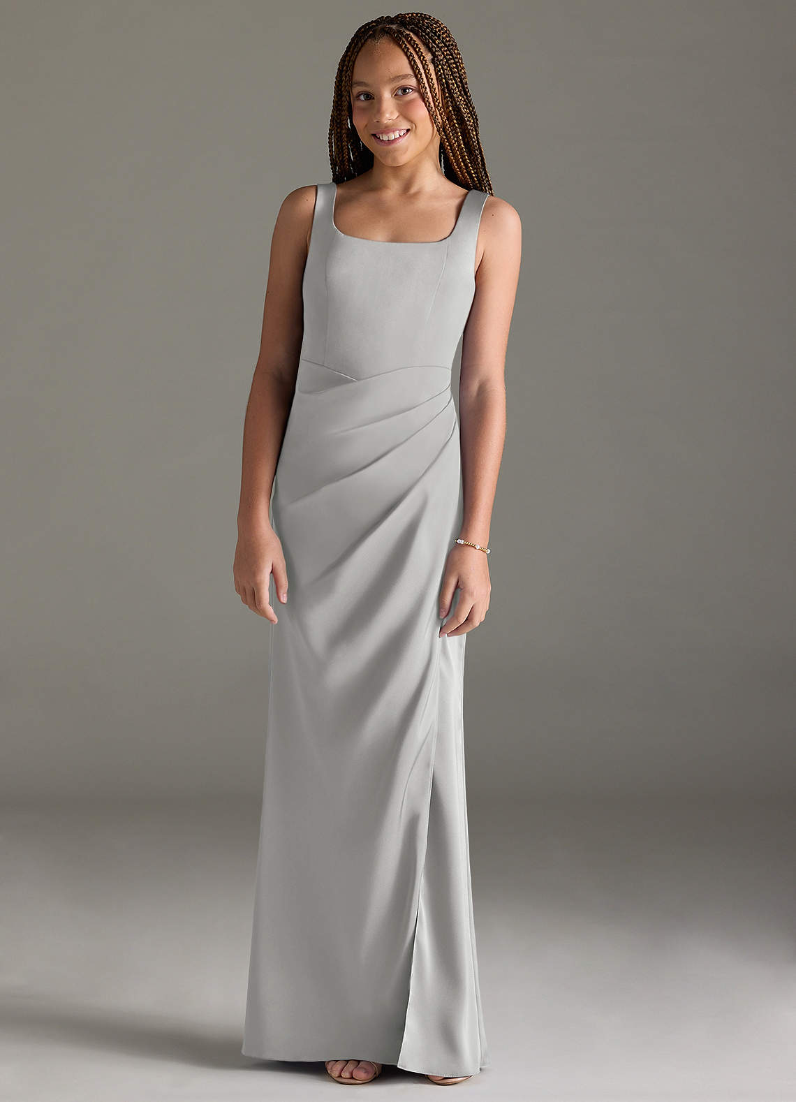 Azazie Mero Junior Silver Mermaid Pleated Stretch Satin Dress image1