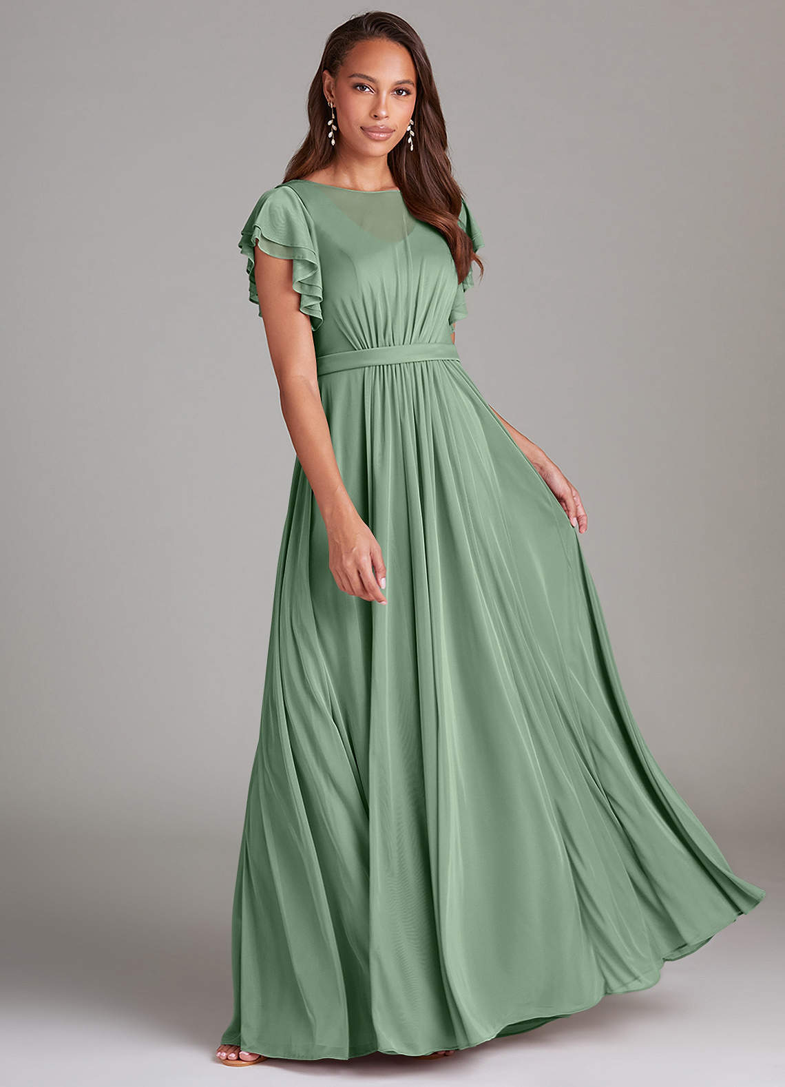 Azazie Daphne Bescheidene Brautjungfernkleider A-Linie Gestreift Gittergewebe Bodenlänge Kleid image1