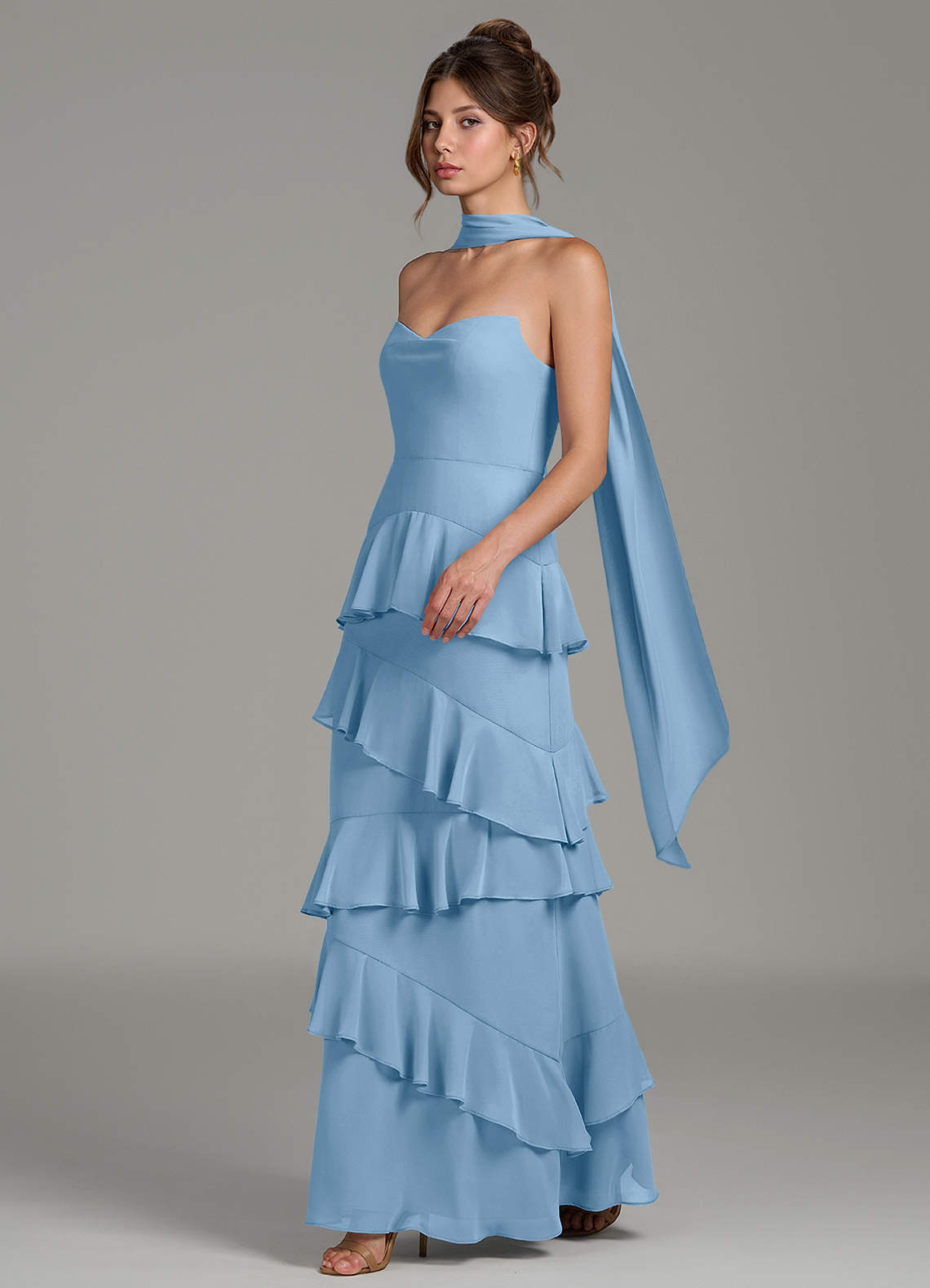Azazie Imani Vestidos de prueba en casa Vestido de Azul Acero de Gasa de Línea A con Volante image3