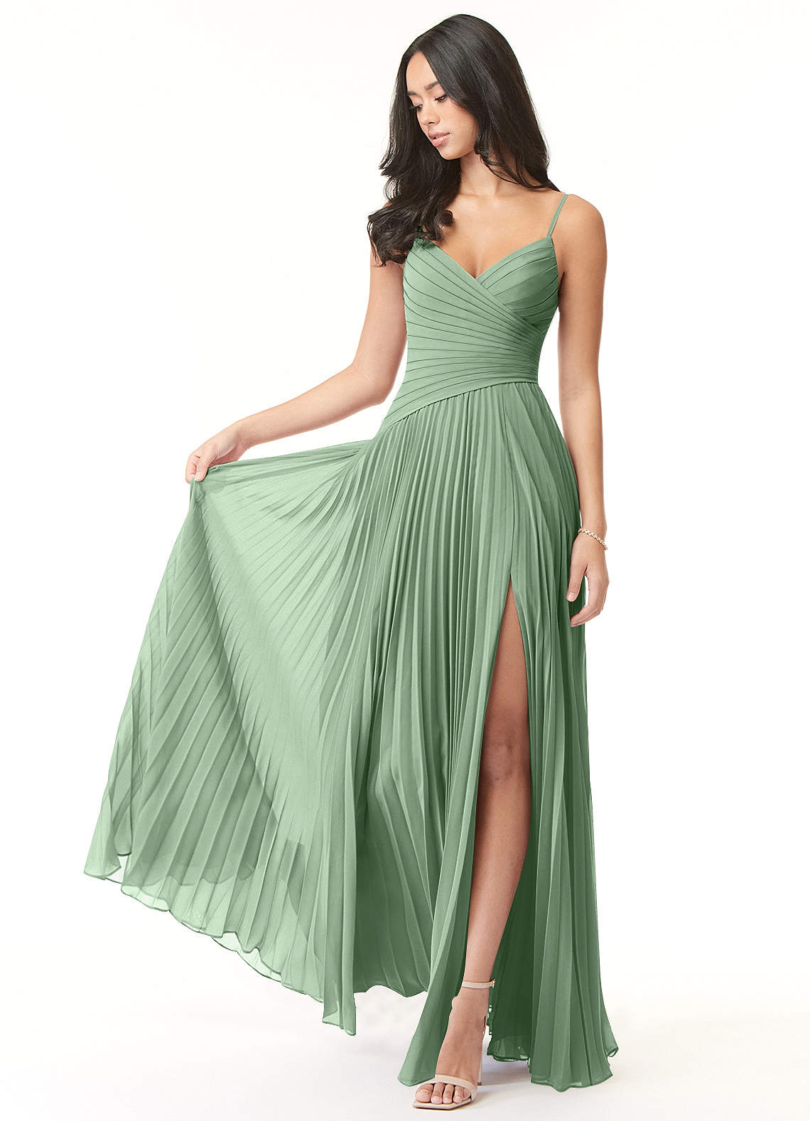Azazie Vini At-home Try On Dresses Matcha A-Line V-Neck Pleated Chiffon Dress image1