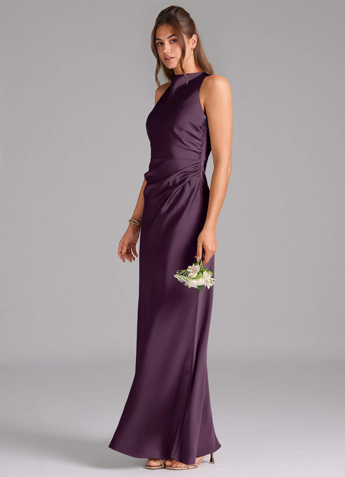 Azazie Evadne Brautjungfernkleider A-Linie Plissee Stretch-Satin Kleid Pflaume image1