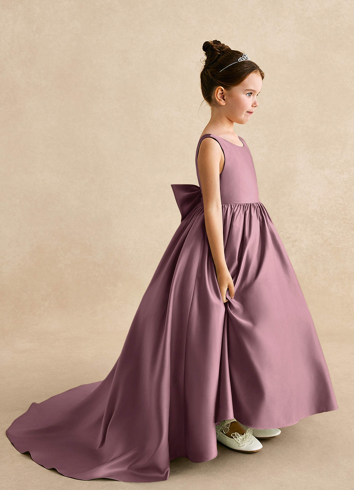 Azazie Mimia Flower Girl Dresses Vintage Mauve A-Line Bow Matte Satin Dress image1