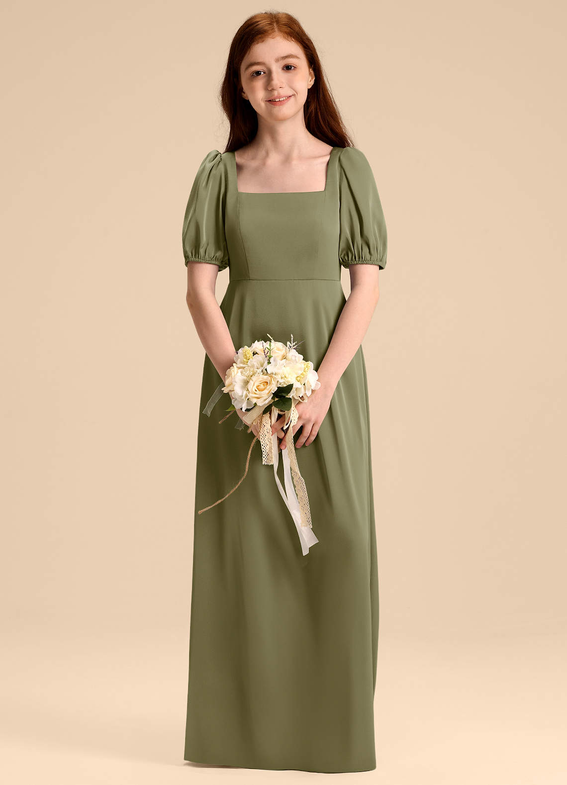 Azazie Briar Junior Robe Trapèze en Satin extensible Arc Pistache image1