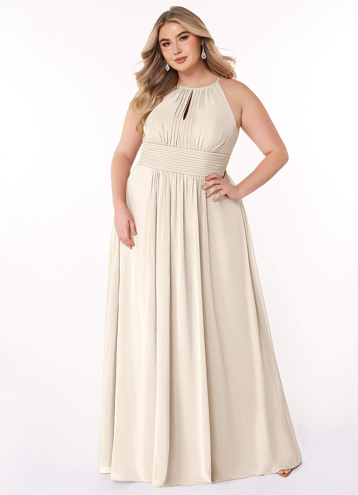 Azazie Bonnie Brautjungfernkleider A-Linie Schlüsselloch Gerüscht Chiffon Kleid Alabaster Weiß image1