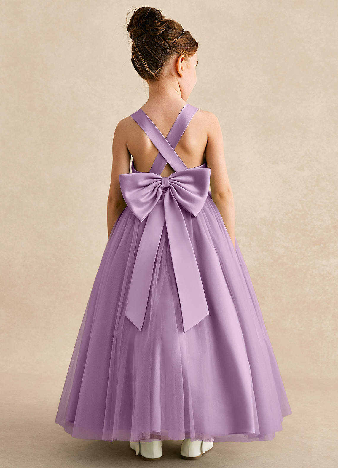 Azazie Peanut Robe Demoiselle D'honneur Fillette Robe Trapèze en Tulle Bretelle Glycine image1