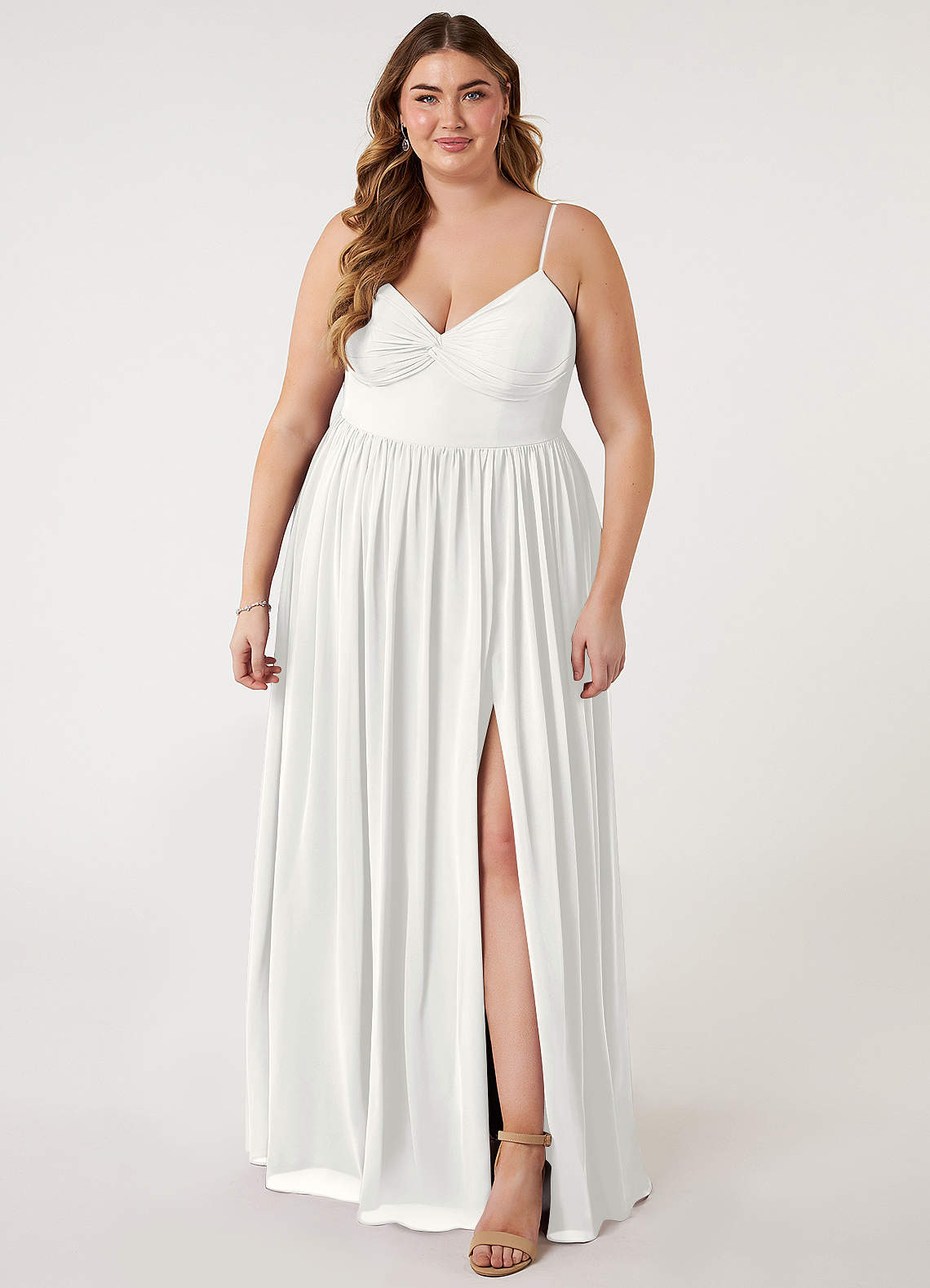 Azazie Zeya Brautjungfernkleider A-Linie V-Hals Gefaltet Chiffon Kleid Weiß image5