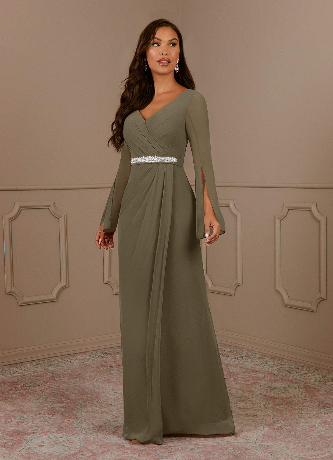 Azazie Belinda Mother of the Bride Dresses Willow Green A-Line V-Neck Pleated Chiffon Dress image1