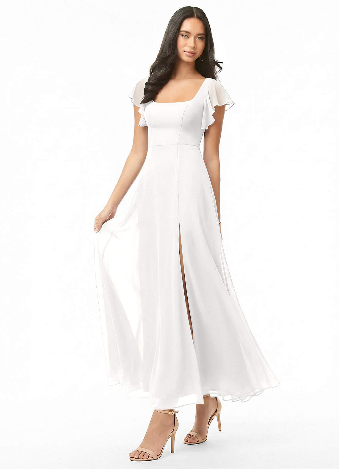 Azazie Bondi Bridesmaid Dresses White A-Line Ruched Chiffon Dress image2