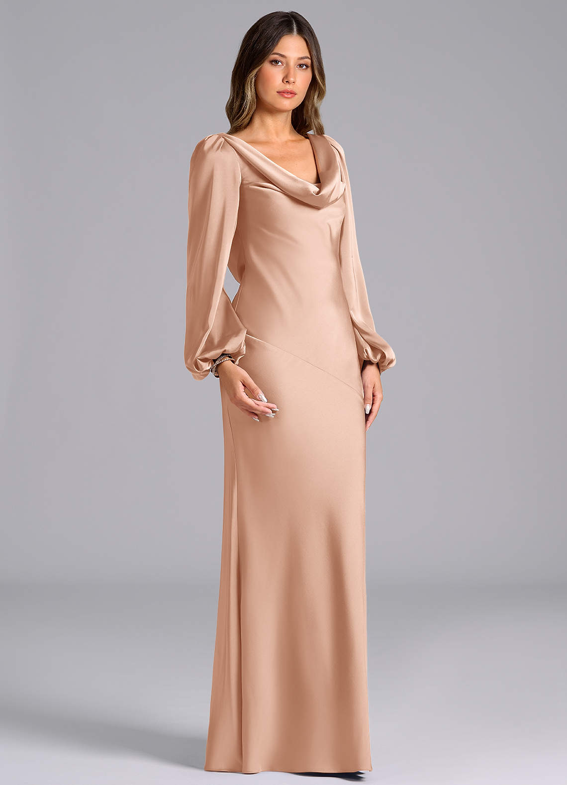 rose gold satin long dress Azazie Melani