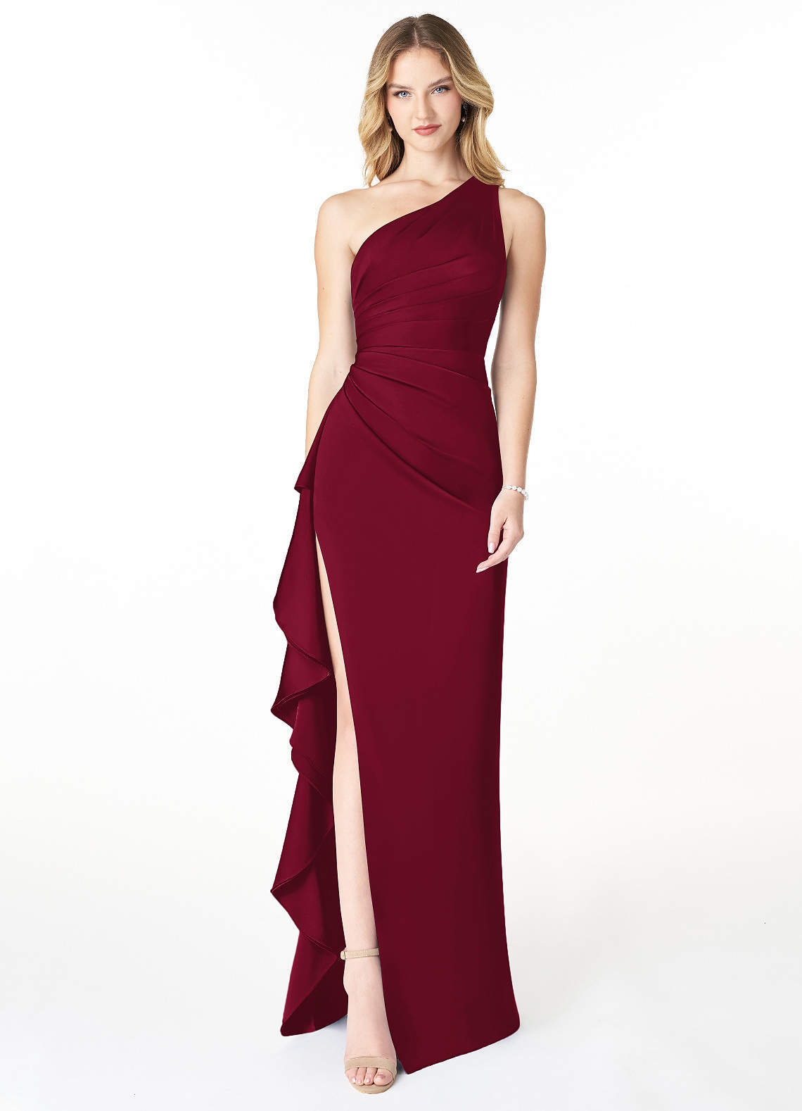 Azazie Latrice Bridesmaid Dresses Burgundy Sheath One Shoulder Cascading Ruffles Stretch Satin Dress image1