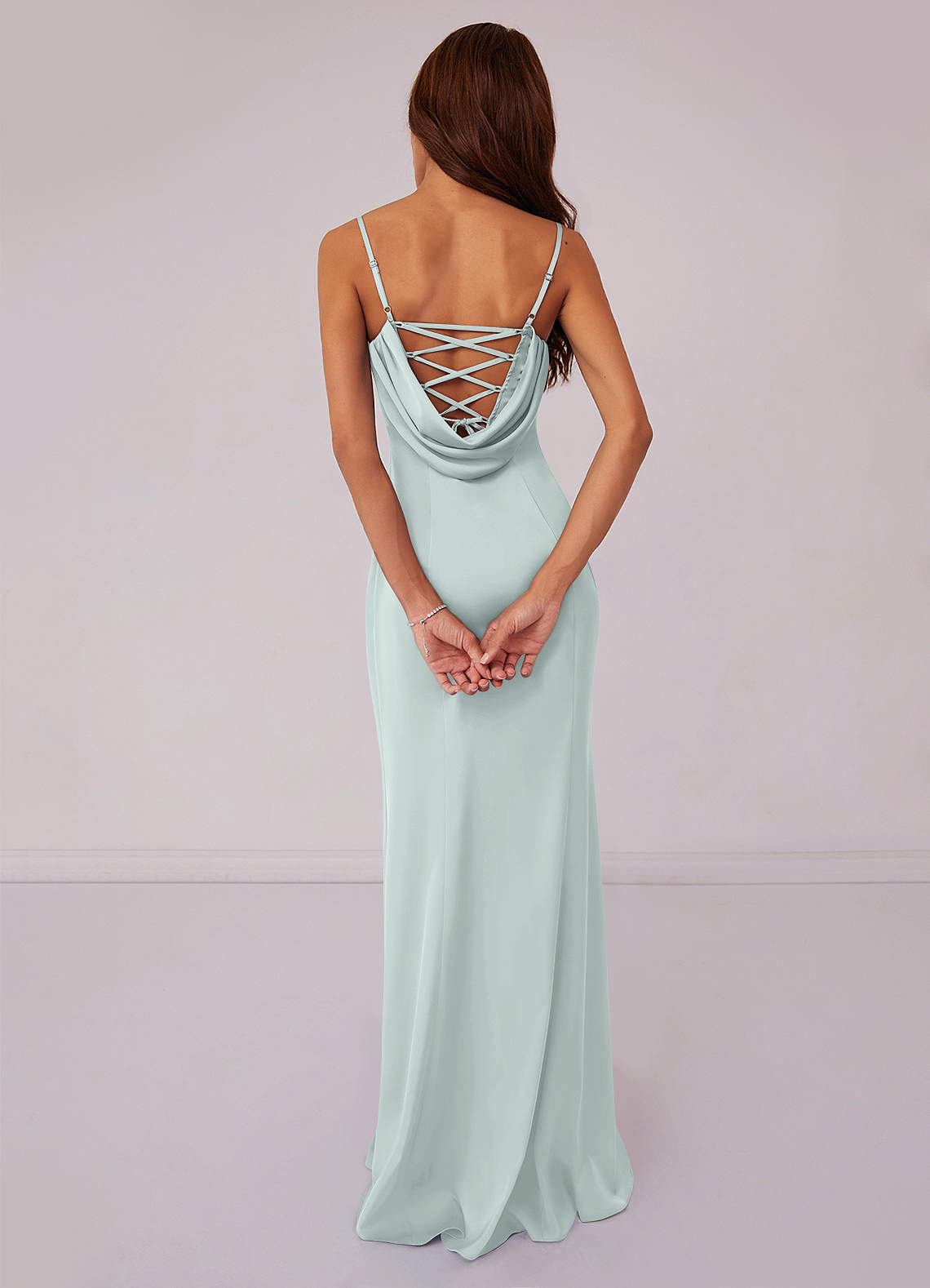Waist Pleated Mermaid Stretch Satin Dress Mist