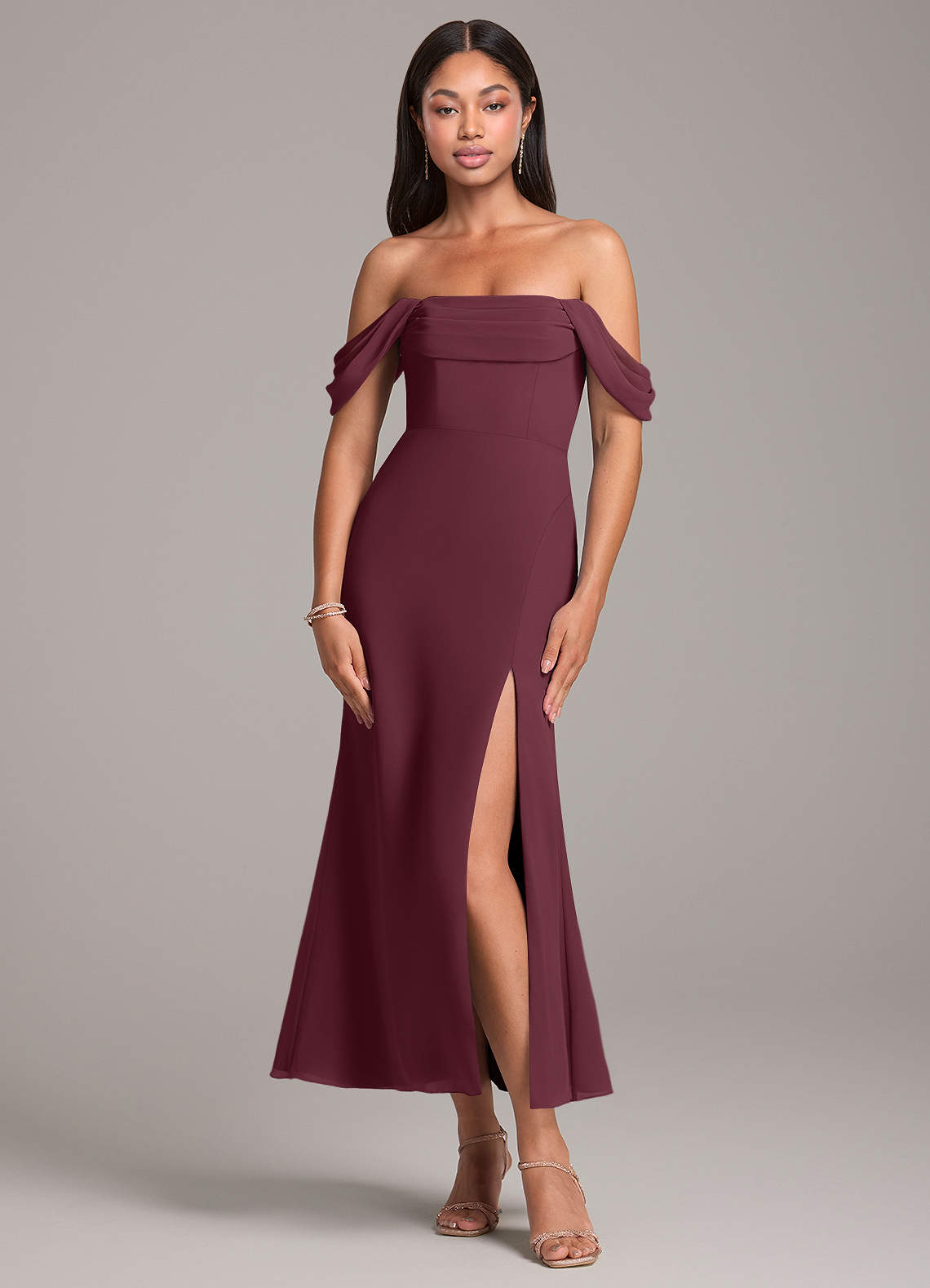 Azazie Saige Bridesmaid Dresses Cabernet Sheath Off the Shoulder Chiffon Convertible Dress image1