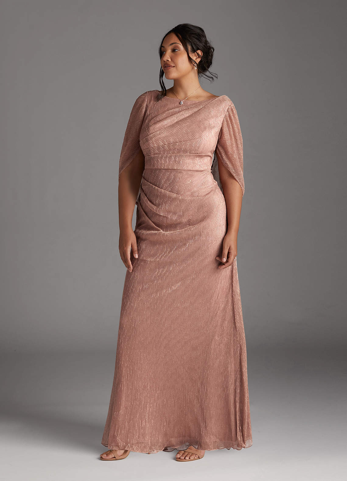 Azazie Paige Mother of the Bride Dresses Rose Gold Sheath Pleated Cape Metallic Mesh Dress image7