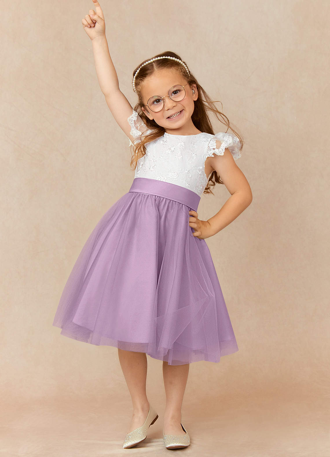 Azazie Vetty Flower Girl Dresses Ivory Wisteria A-Line Lace Tulle Dress image1