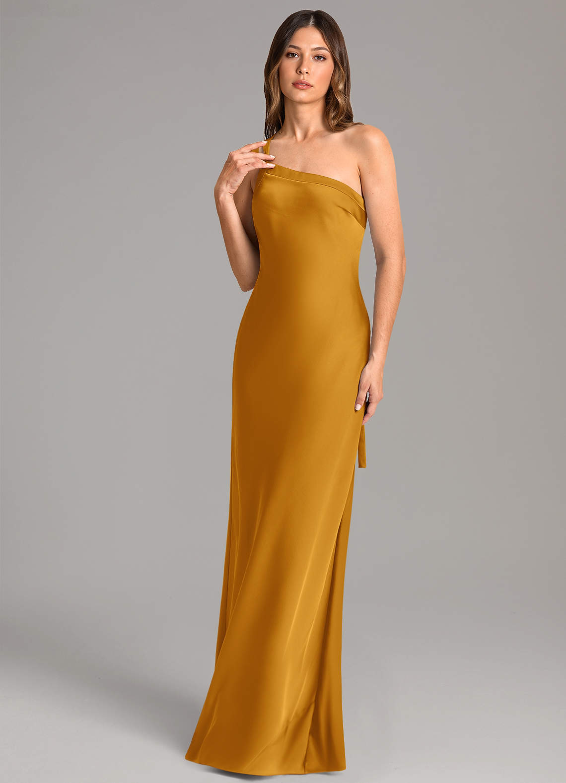 Azazie Monroe Bridesmaid Dresses Butterscotch Mermaid One Shoulder Stretch Satin Dress image1